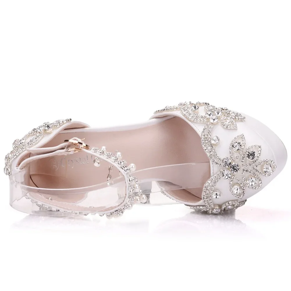 2024 Women Summer Sandals White Round Toe Bridal Wedding Women High Heels Dress Shoes Rhinestone Ankle Straps