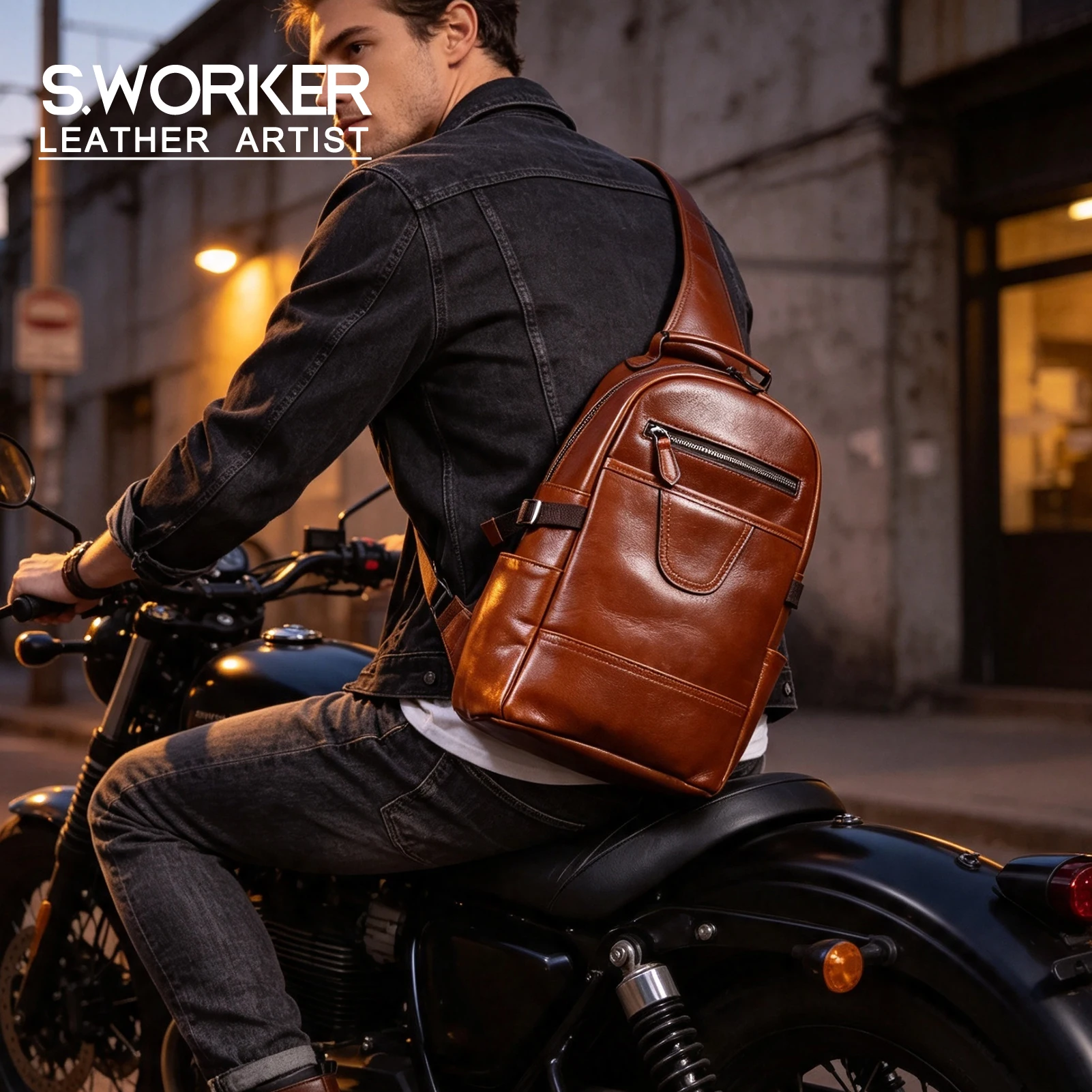 S.WORKER Herren-Umhängetasche aus hochwertigem, pflanzlich gegerbtem Leder, lässige Mode-Brusttasche – Detail 2