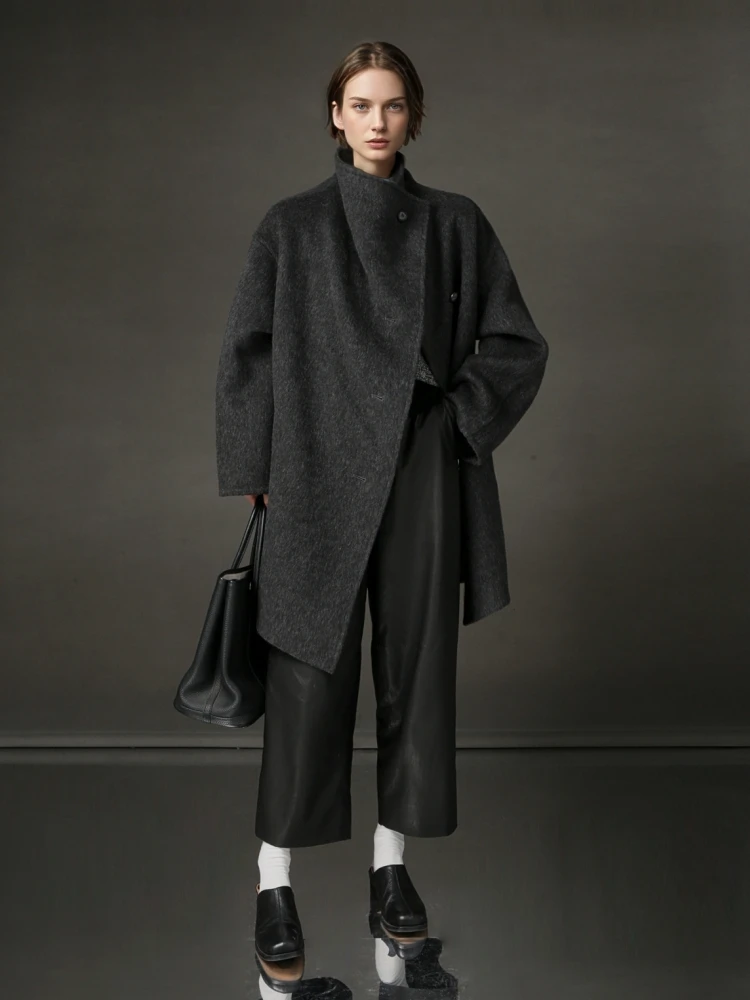 Stand Collar Design Lady's Short Woolen Jackets 2025 Autumn And Winter Mid-Length Single Breasted Loose Warm Women's Wool Coats