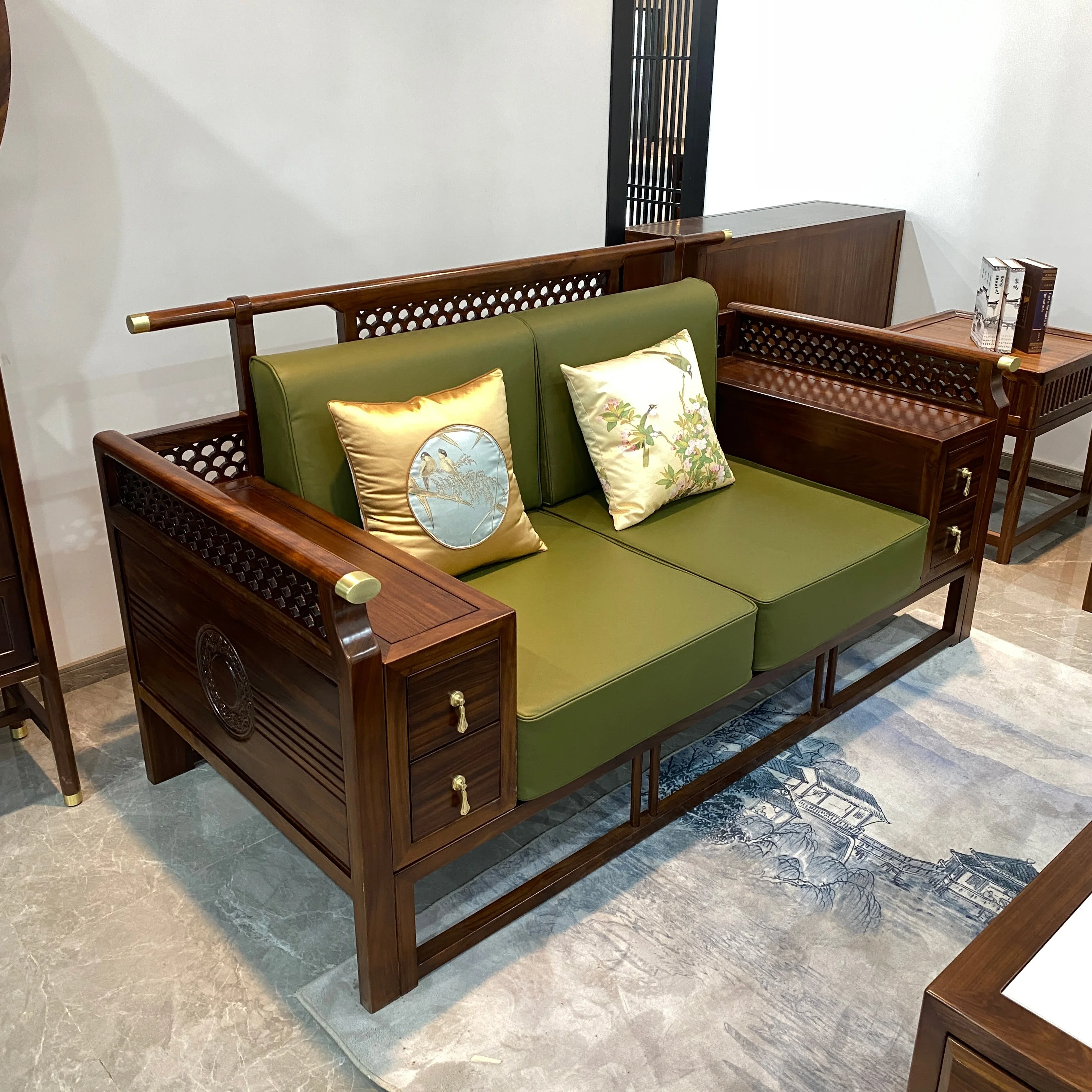 Customizable modern Zen furniture new Chinese solid wood sofa set large small apartment, featuring ebony leather sponge