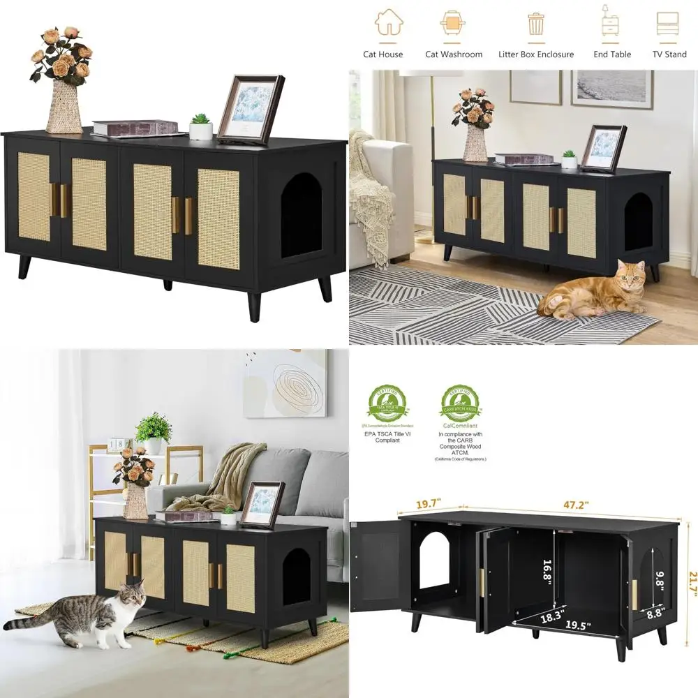 Wooden Double-Door Cat Litter Enclosure for Two Cats with Rattan Accents and Washroom Design