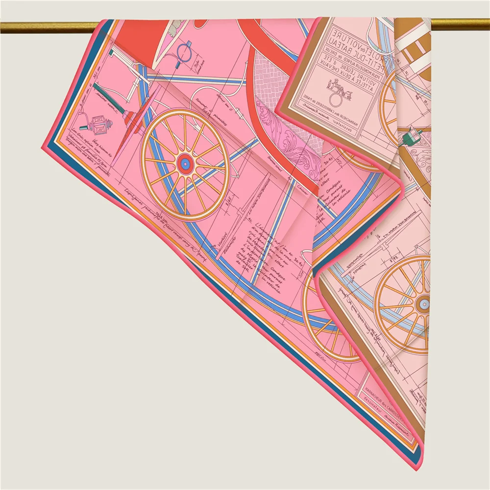 POBING Handgerollt Twill Seidenschal Frauen Rad Doppelt Bedruckte Quadratische Schals Wraps Echarpes Foulards Femme Hijab 90CM – Detail 8