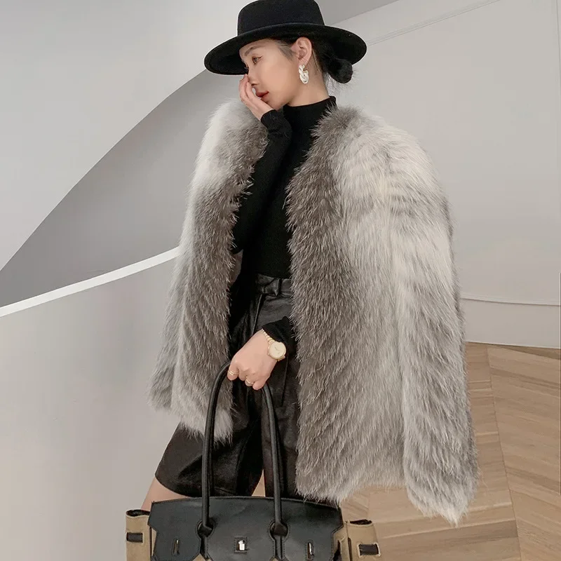 (Fox Beauty) New Light Luxury Style Fox Hair Car Strips Leather Coat for Women's Youth