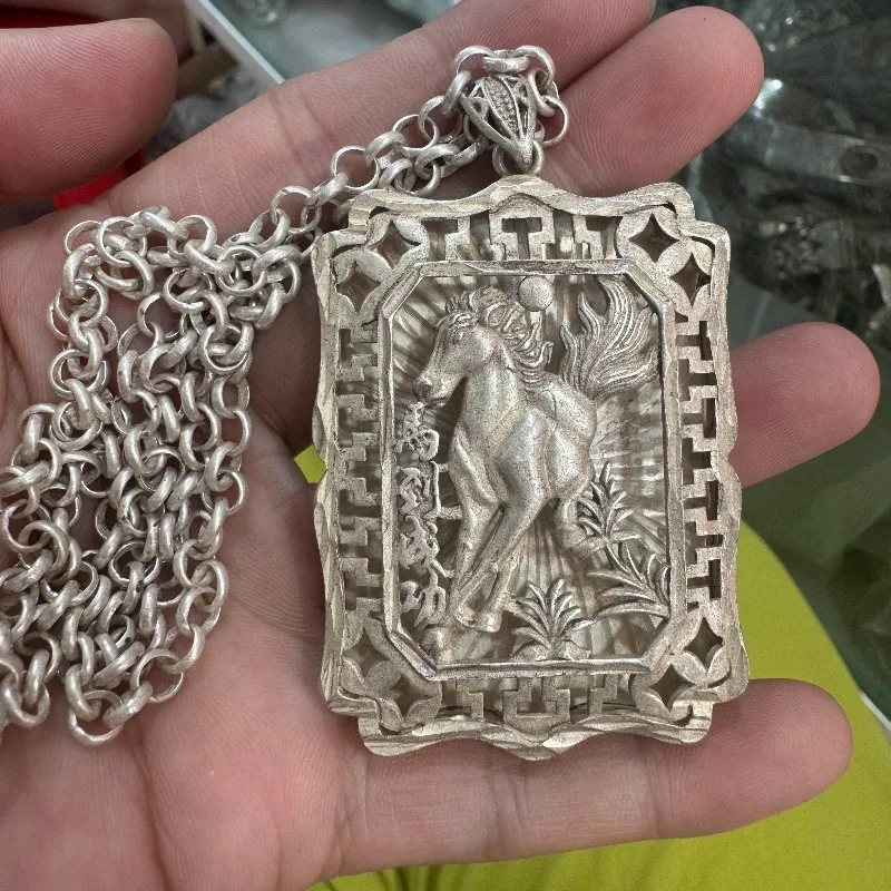Pure Silver Horse Pendant Necklace With Chain, Chinese Zodiac Horse Stepping Auspicious Cloud Lucky Tablet Jewelry