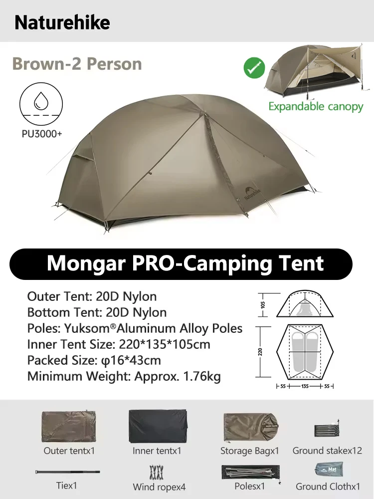 Naturehike Mongar 2 UL/PRO 1-3人用防水超軽量テント