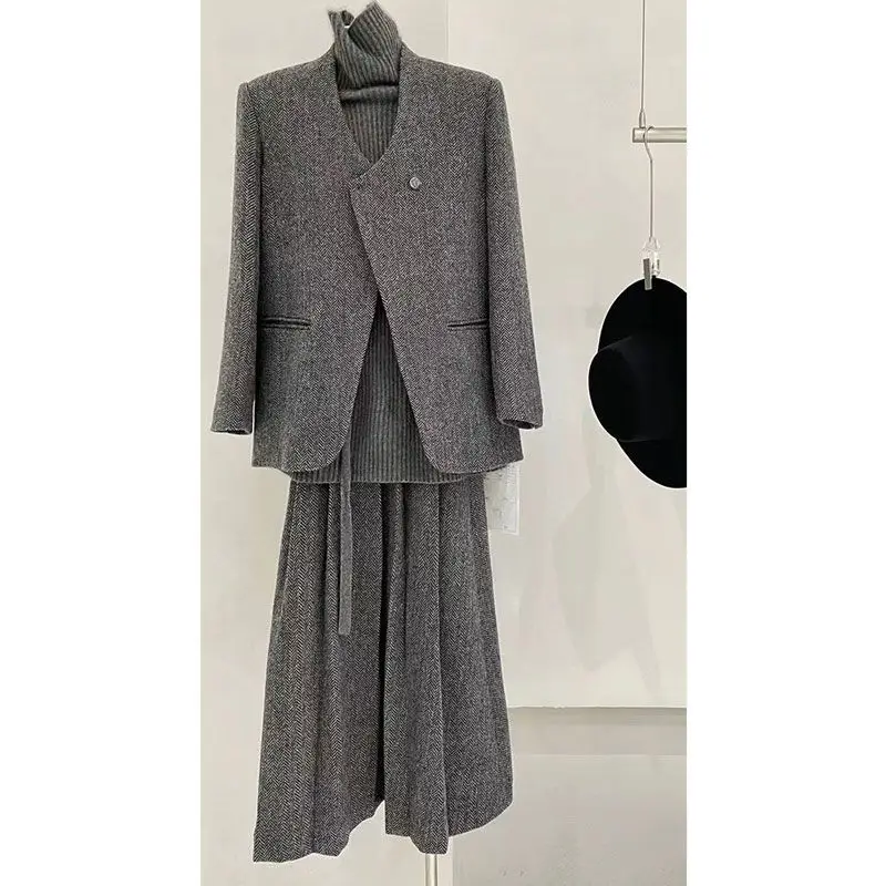 

High Quality Female Office Gray Tweed Suit Coat and Half Skirt Autumn New Arrivals Chic Commute Elegant Two Piece Set