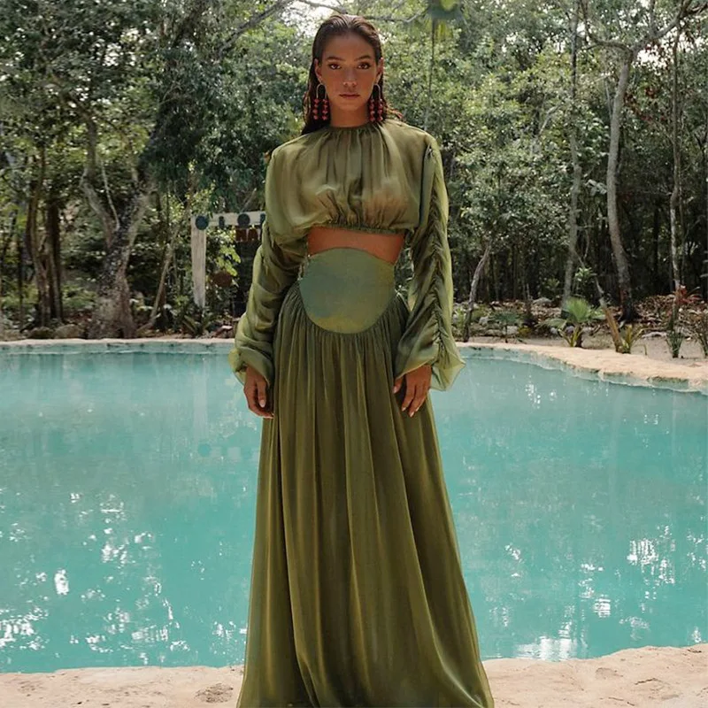 

Temperament pleated short top high waist drape skirt set fashionable simple luxury temperament elegant high-end resort style par