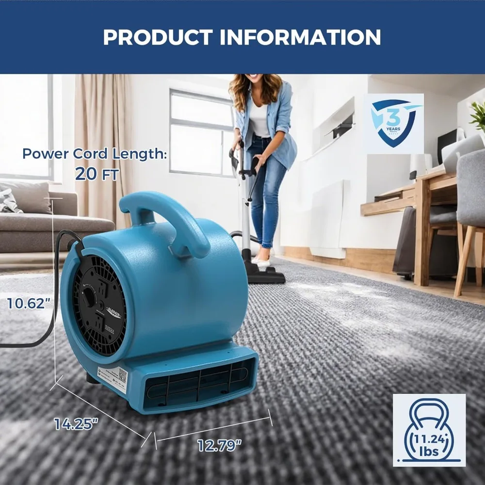 1000 CFM 에어 무버 블로워 팬, 바닥 건조 팬, 카펫 건조기, 블로워, 3단 속도 조절 가능, 5단계 각도 조절 가능, 19.68