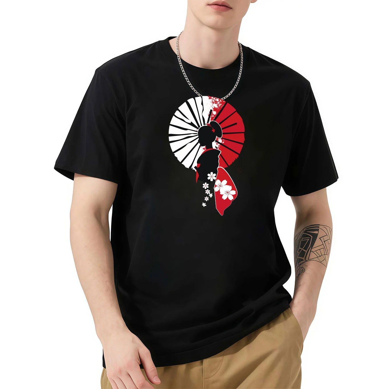 

Men's Casual T - shirt with Geisha and Cherry Blossom Print, Comfortable Daily Wear Short - Sleeve Tee for Fashion Lovers