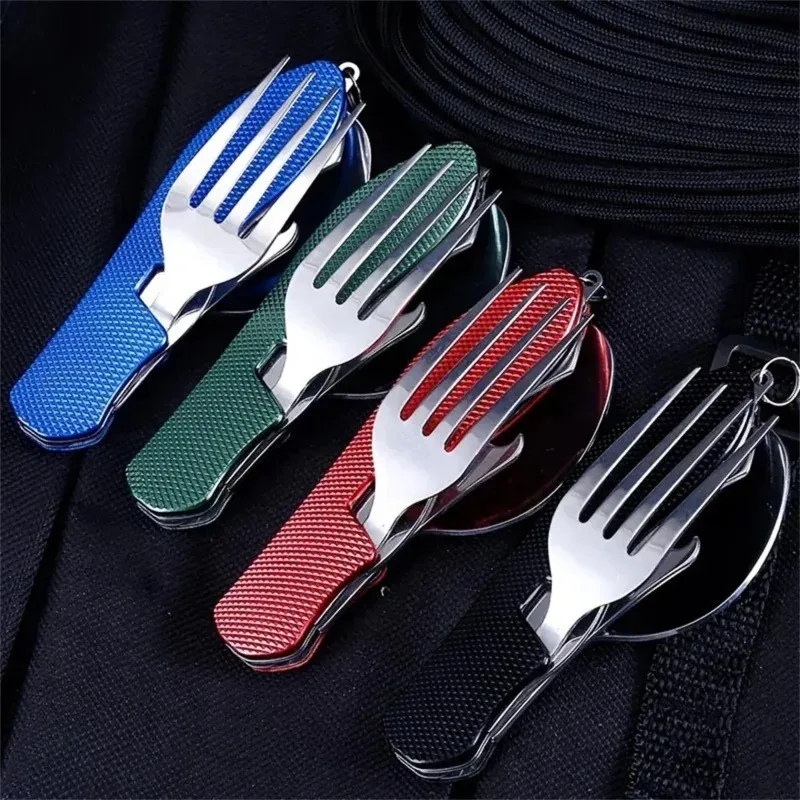 Stainless Steel Cutlery 4 In 1 Outdoor Picnic Tableware Foldable Knife Fork Spoon Bottle Opener Folding Pocket Cutlery Set image 4