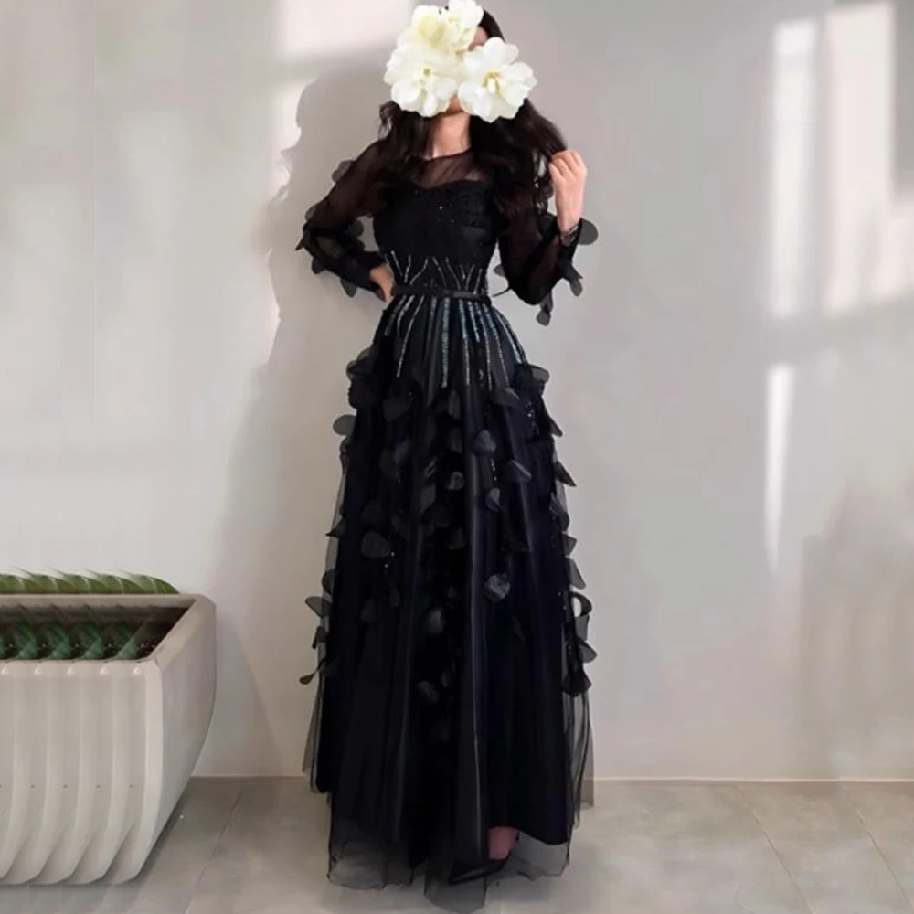 

Dream Black Tulle A-Line Evening Dress Scoop Neck Long Sleeve with Beading and Flower Floor Length Customized Prom Gown New