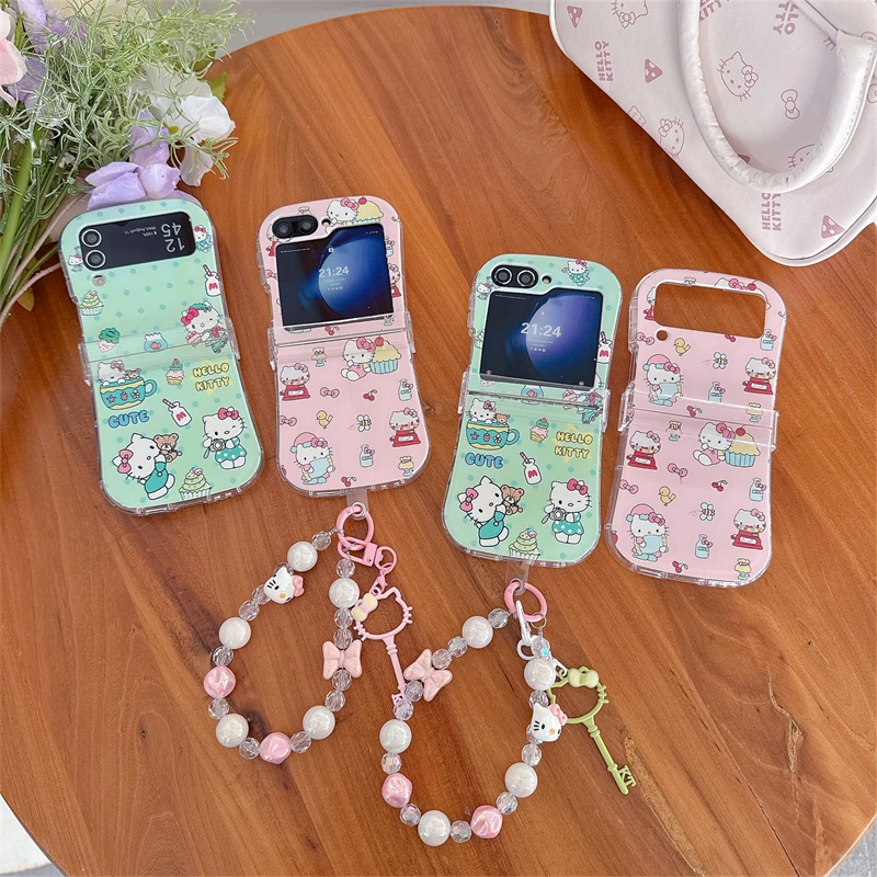 

Cute Cartoon Character Hello Kitty Pink Cake and Green Tea Cup Series Phone Case For Samsung Galaxy Z Flip 3/4 5/6 Protect Cover