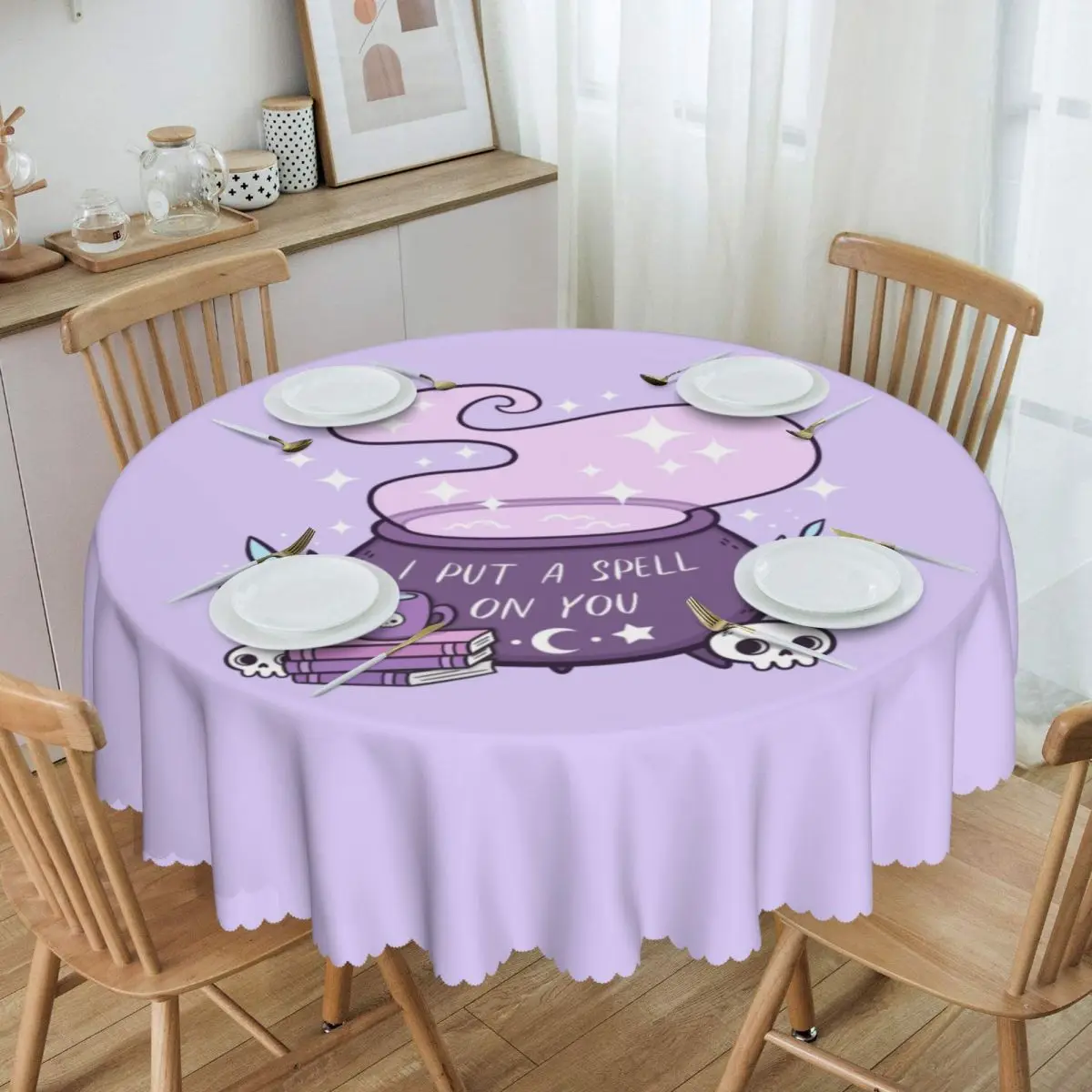 

Witch Cauldron Round Tablecloths 60 Inch Halloween Occult Gothic Skull Table Cover for Wedding Table Cloth