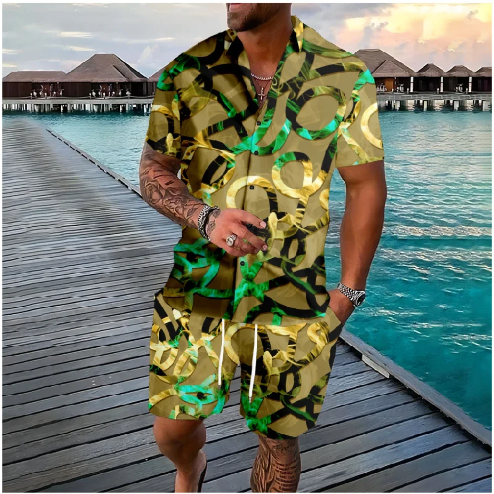 Gaya liburan Hawaii warna asap elemen kemeja kancing set celana pendek Streetwear pakaian olahraga kasual pantai pakaian pria