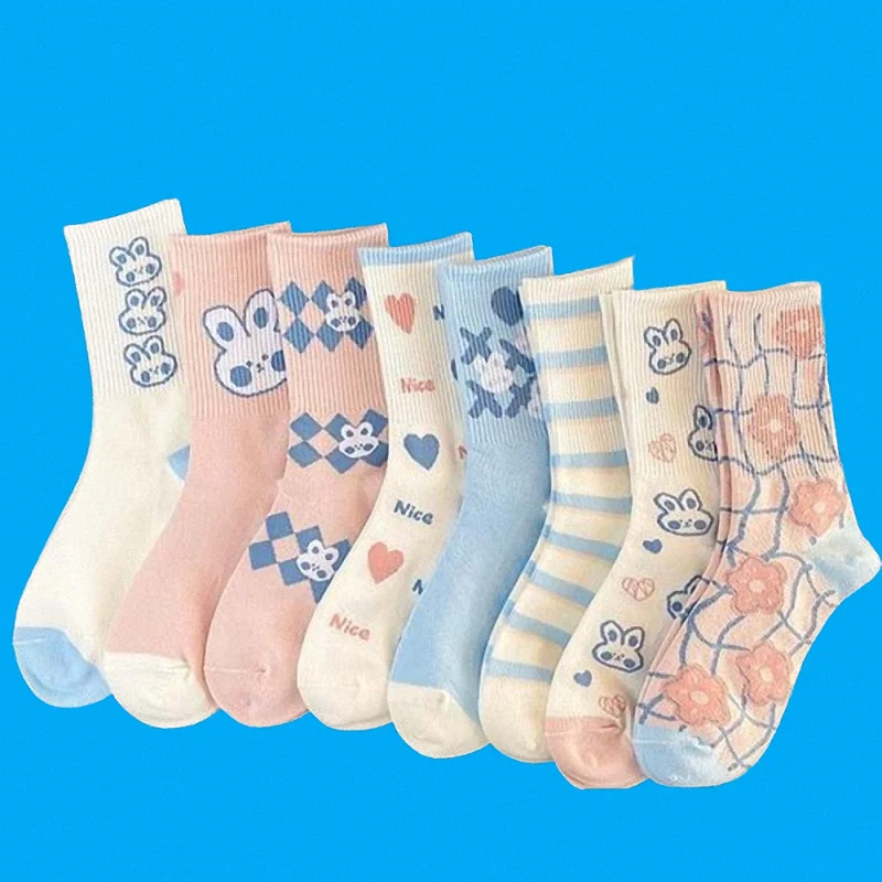 

8/16 Pairs Student Socks Women's Versatile High-value Forest Cute Rabbit White Socks Sweet Women's Socks Middle-tube Socks