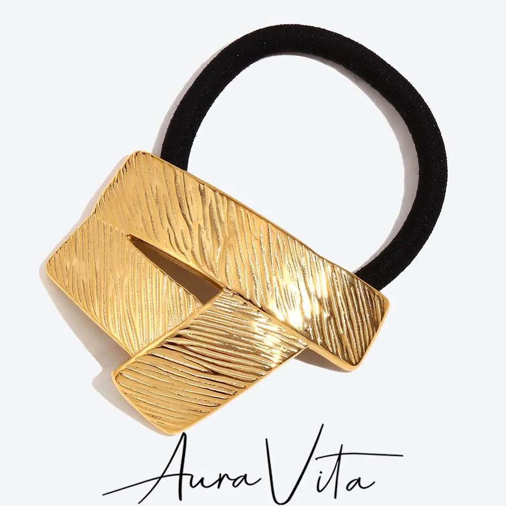 

AuraVita Stainless Steel Geometric Texture High Elasticity Hair Rope 18K Gold Plated Hair Tie Women's Charm Hair Accessories