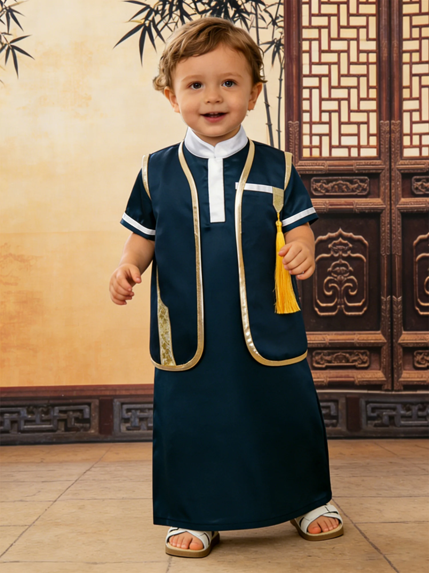 

Muslim Baby Boys Robe Arab Islamic Ramadan Eid Abaya Kaftan Outfits Metallic Shiny Trim Tassel Open Front Vest with Satin Gown