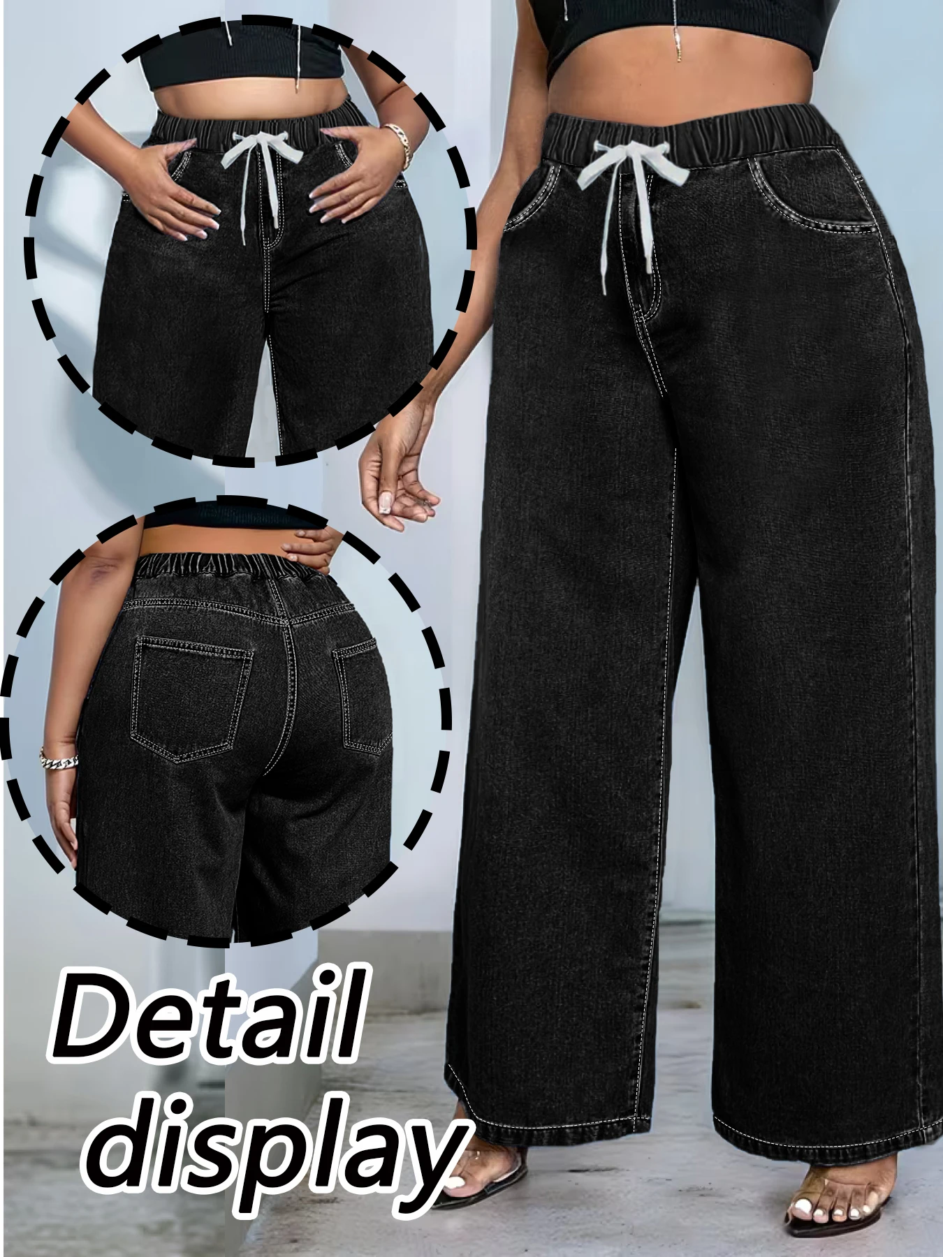 Plus-size women's loose straight-leg jeans, simple belt design, washed high-waisted style. view 6