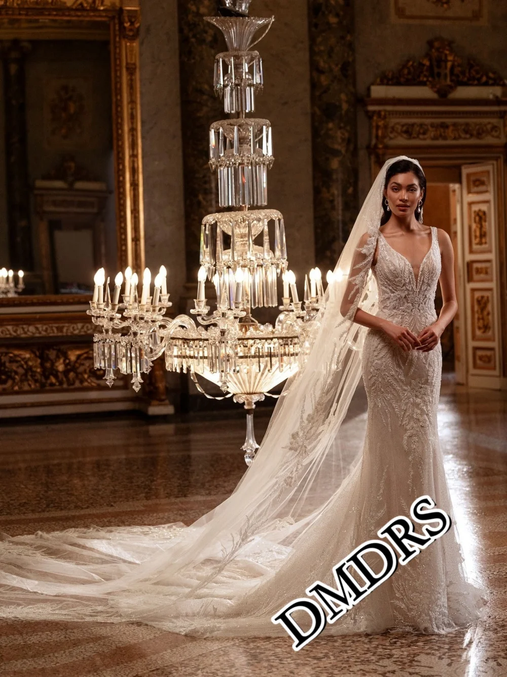 DMDRS Romantisches Langarm-Brautkleid, romantische A-Linie-Brautkleider mit V-Ausschnitt, bezaubernde, bodenlange Brautkleider mit Applikationen