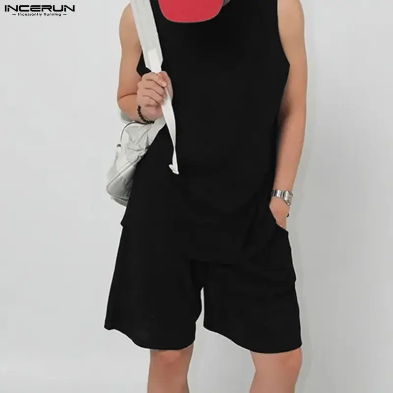 INCERUN Men Sets Solid Color Workout Summer O-neck Sleeveless Tank Tops & Shorts Two Pieces Sets Streetwear Men's Casual Suits