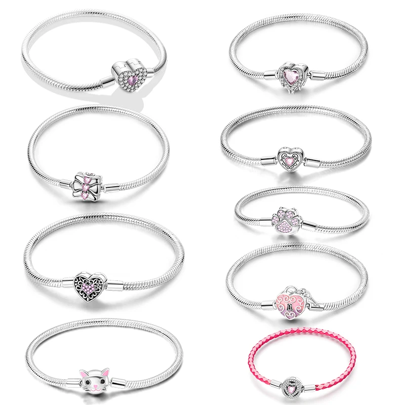 Pink Love Heart Silver 925 Bracelet Original Bracelets Zircon Cat Paw Snake Chain For DIY Charms 17-20CM Wedding Jewelry Gifts