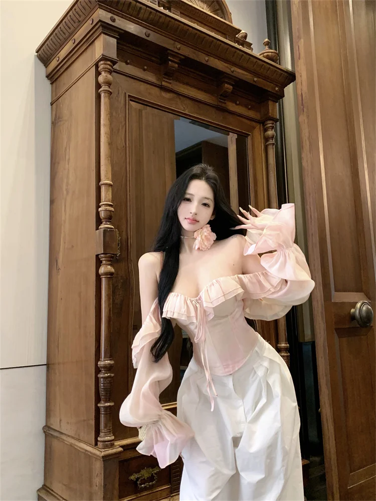 レディース夏用オフショルダーストラップレスシャツ、フィッシュボーンウエスト、ロータスリーフエッジ、長袖ブラウス、スリムフィットデザイントップス