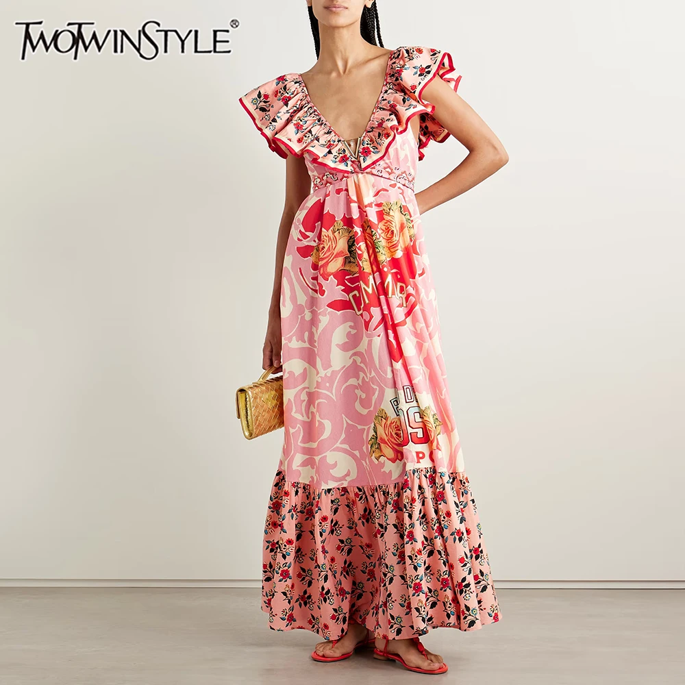 

TWOTWINSTYLE повседневные платья с принтом и оборками для женщин, модное длинное платье без рукавов с v-образным вырезом и высокой талией, женская одежда