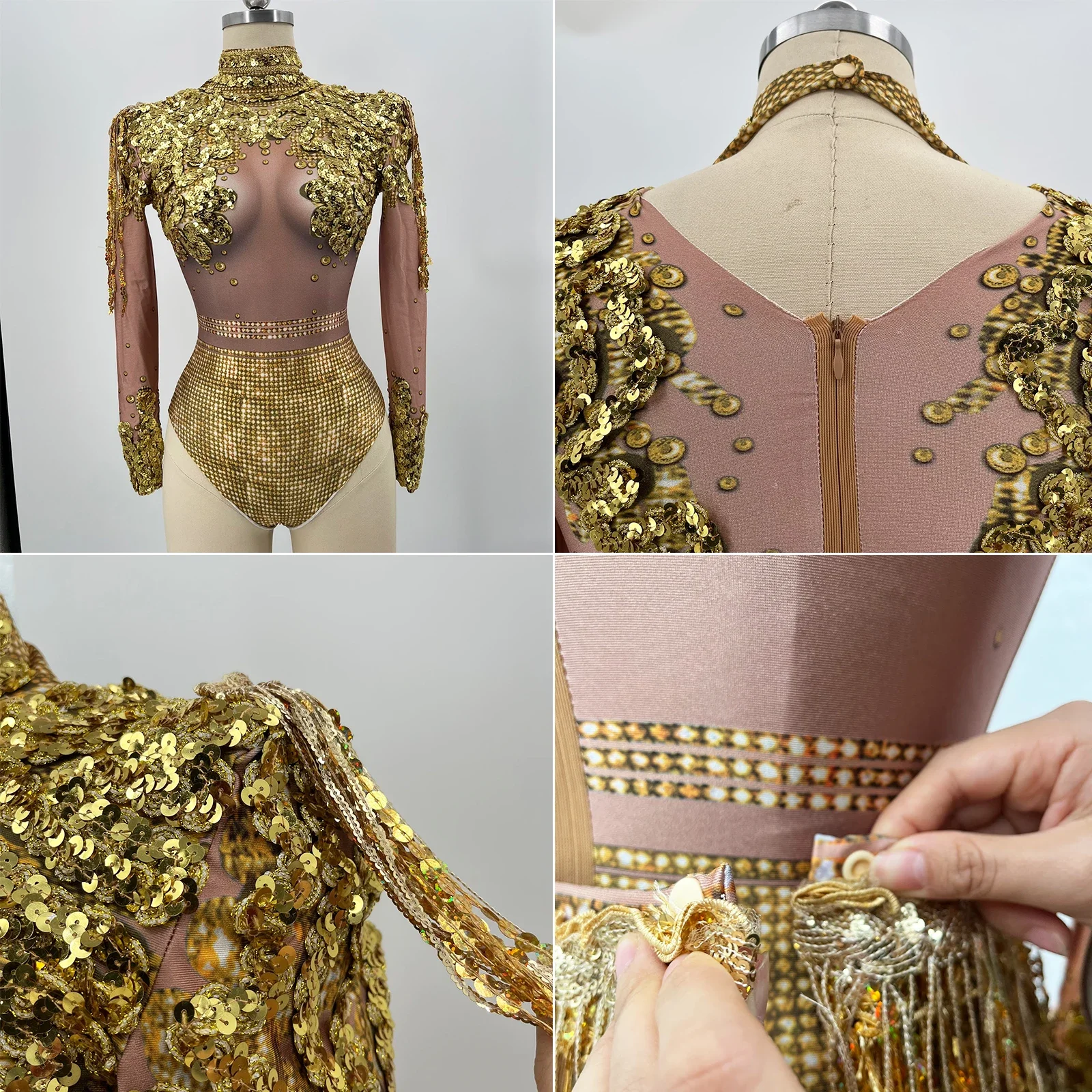 kobiety taniec na rurze klub nocny impreza nosić kostiumy drag queen seksowne dwuczęściowe złoto srebro cekiny frędzle body strój sceniczny sukienka