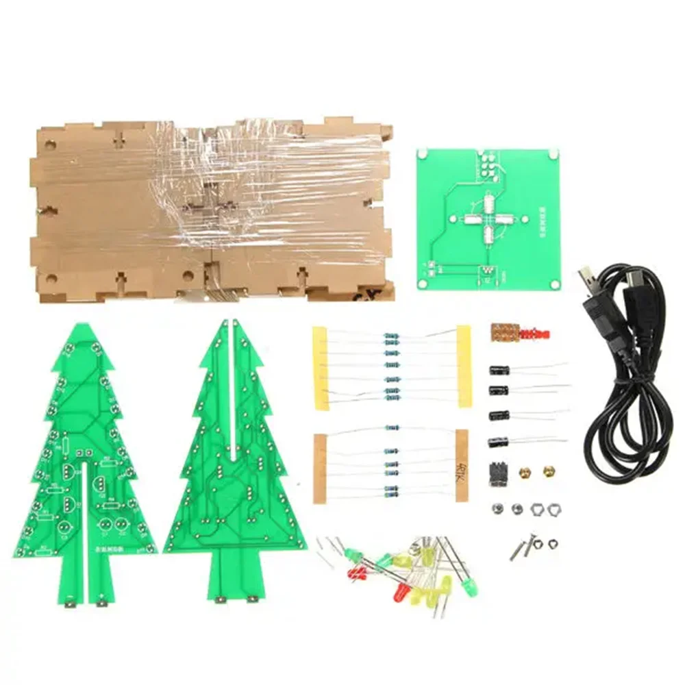 3D Christmas Tree Colorful LED Flash Kit With Transparent Cover Acrylic case box +USB Cable DIY Electronic Kit making kit