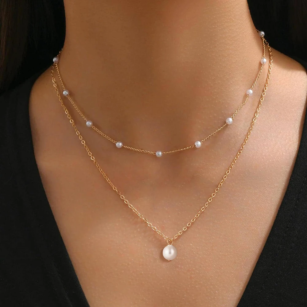 New Women Double-Layer Stacked Pearl Necklace Fashion Tassel Pearl Collarbone Chain Design Fashion Accessories Jewelry Gift