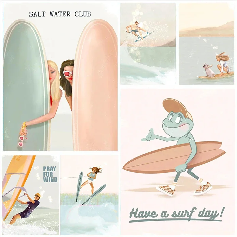 Minimalist Canvas Posters Beach Surfing Boho Pink Beach Summer Coastal Prints Fashion Wall Art Home Living Room Decor