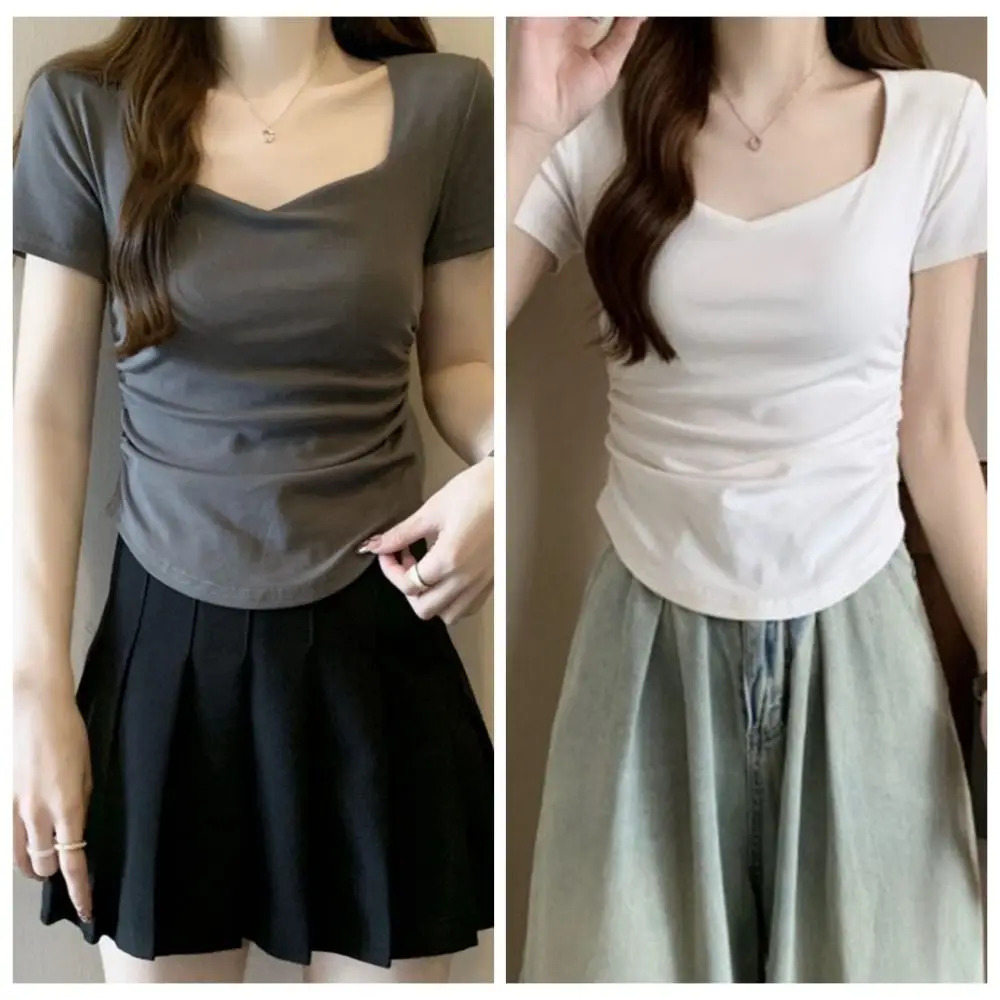 Doux coupe ajustée Y2K culture hauts manches courtes plissé coréen T-shirt femmes vêtements été solide T-shirt court dames