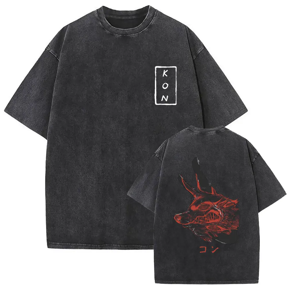 

Washed Vintage Anime Chainsaw Man Hayakawa Aki Summon Fox Devil Kon Graphic Print T Shirts Men Women Manga Oversized T-shirts