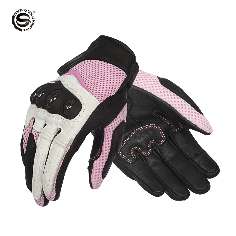 

SFK Pink Women's Motorcycle Gloves Genuine Goat Skin Leather Touch Screen Carbon Fiber Joint Protection Breathable Wear-resistan