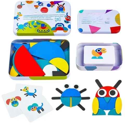 Wooden Tangram Geometric Shape Magnet Puzzle for Children's Shape Recognition Wooden Tangram ShapeToy