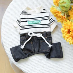 1PC pet clothing spring and autumn striped denim elastic rope four legged pants suitable for small and medium-sized dogs