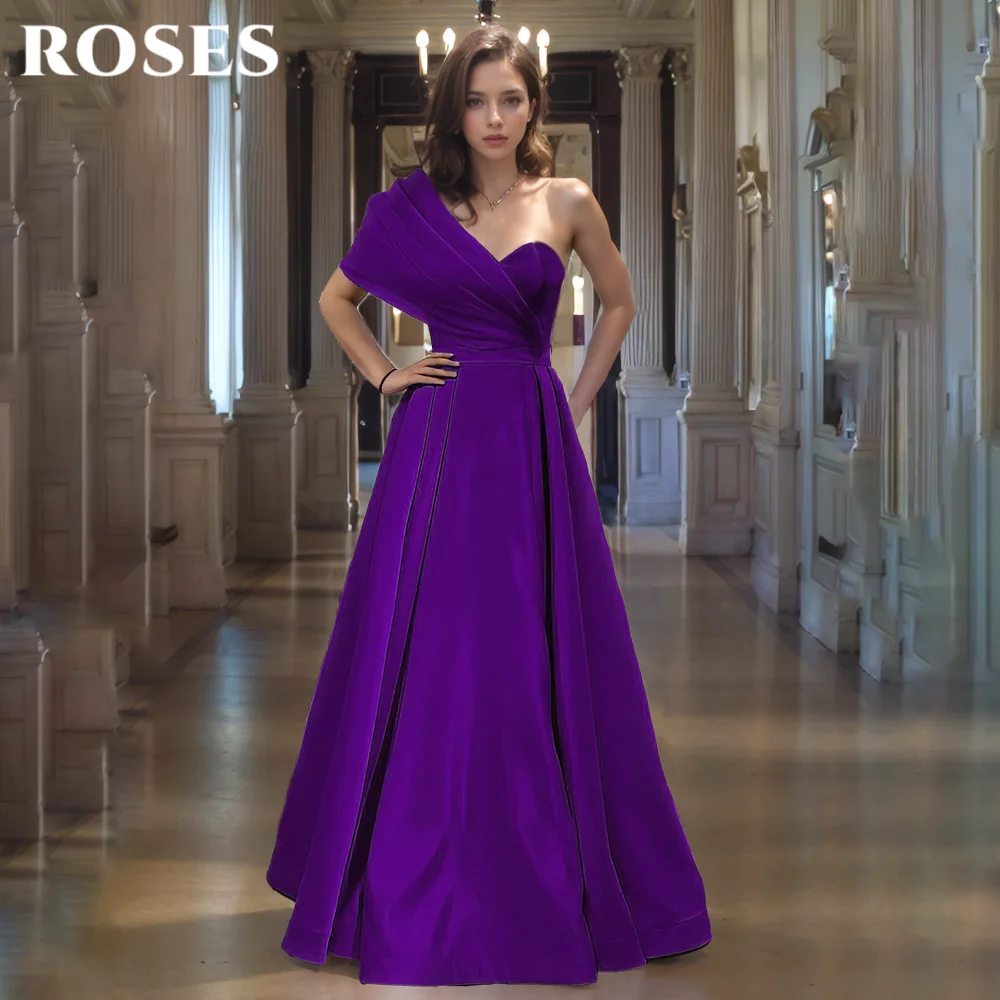 Rosas fucsia elegante vestido de graduación de un hombro, vestido de fiesta de satén con escote corazón sin espalda, Vestidos de Noche de línea a con plisado personalizado