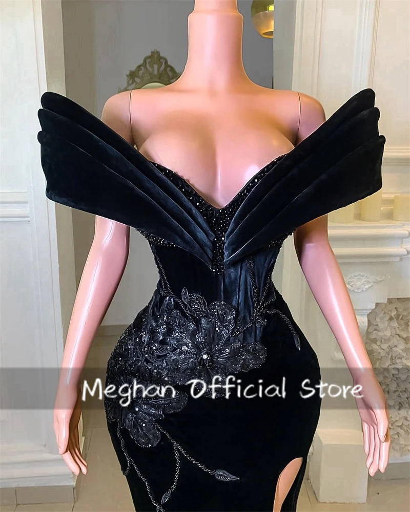 Black Bead Appliques Luxury Middle Eastern Evening Dresses Off The Shoulder Dress Women Elegant Party Custom Split Formal Gown