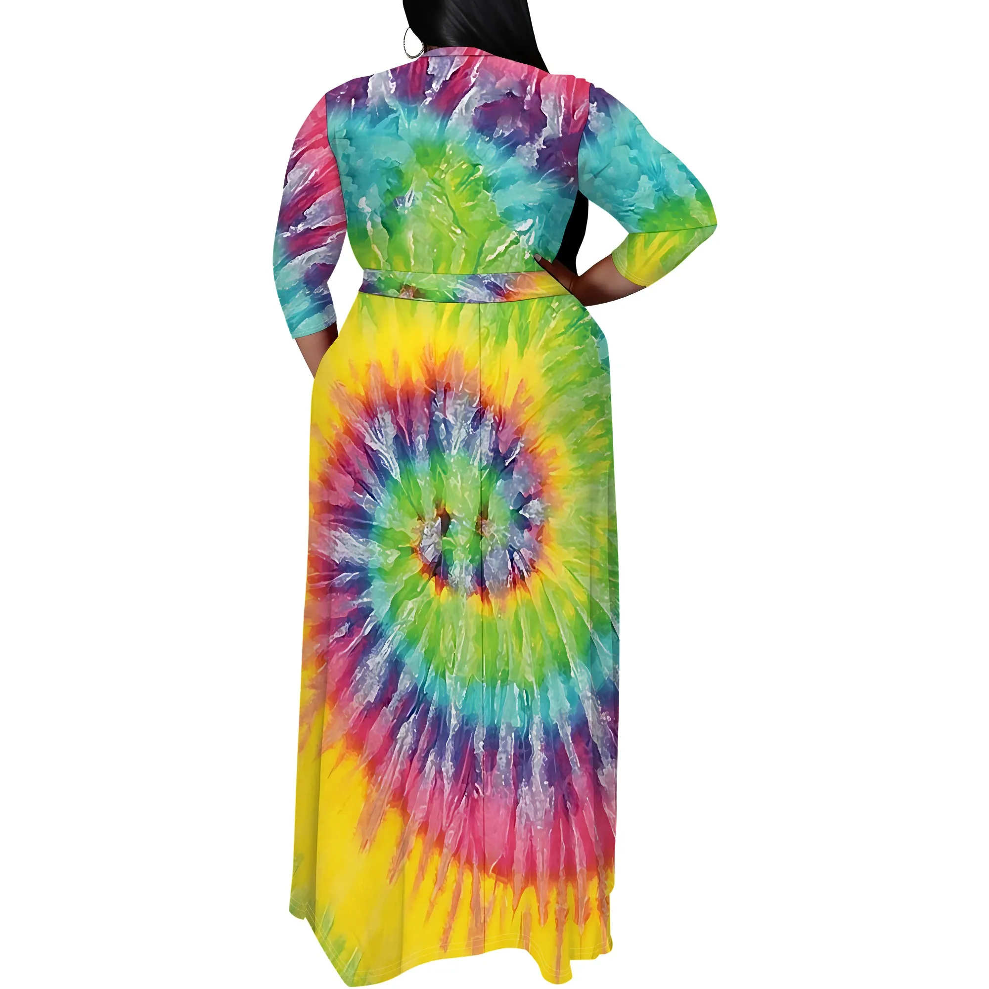 Plus Size Women's Pullover Sexy V Neck  3/4 Sleeve  Loose Long for Women Fashion Printed Summer  Casual Maxi Dresses With Pocket