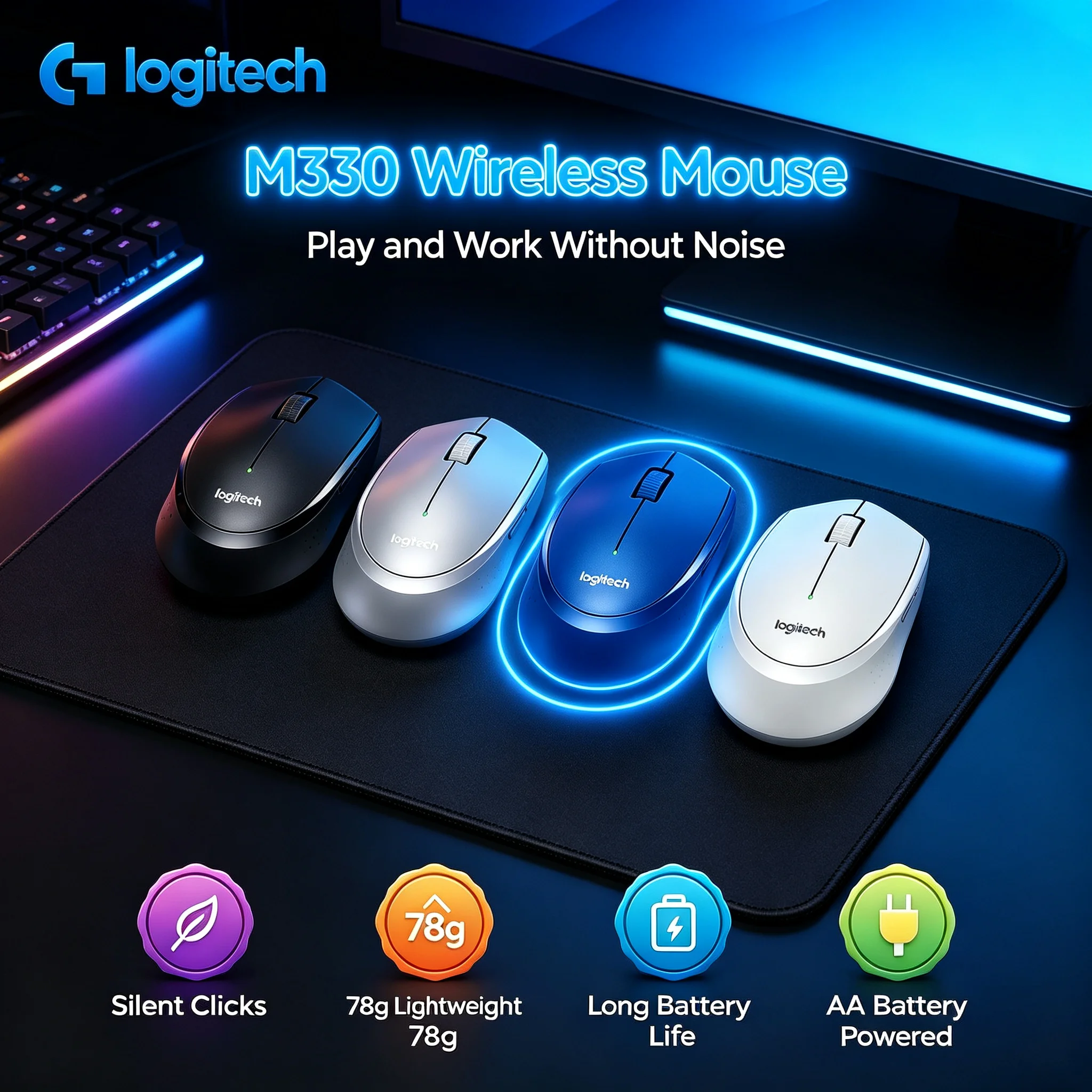 Logitech M330 2.4G Wireless Silent Office Mouse, Lightweight Body, Anti-slip Texture for Comfortable Operation