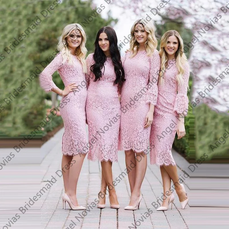

Customized Long Sleeves Pink Lace Bridesmaid Dress Evening Prom Formal Party Birthday Celebrity Robes Invitee Mariage