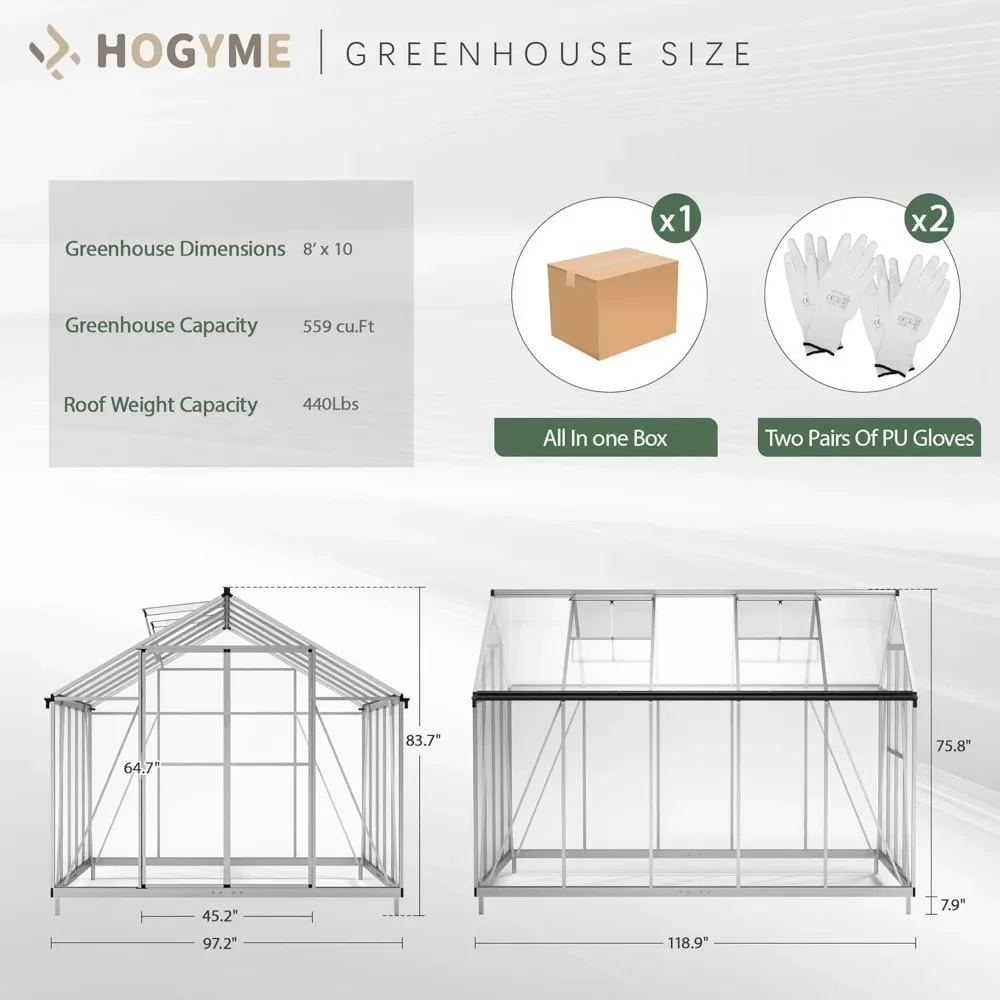 8x10 FT Greenhouse for Outdoors,Polycarbonate Greenhouse with Quick Assembly Structure and Roof Vent,Aluminum Walk-in Greenhouse