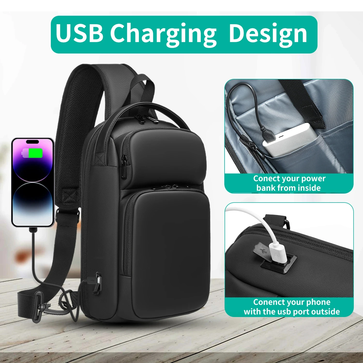 Men Waterproof Multifunction Crossbody Bag USB Charging 9.7