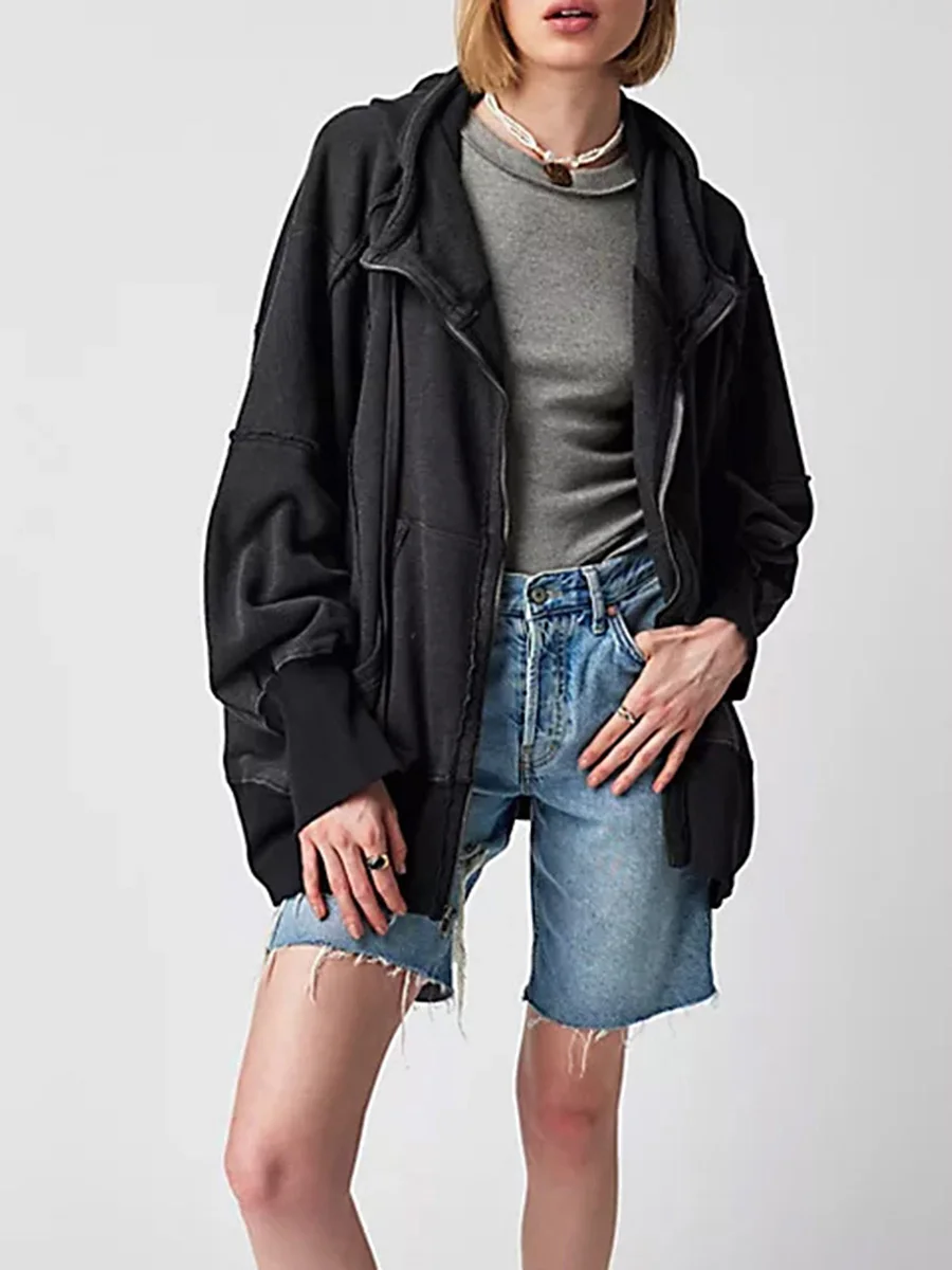 

Женская свободная толстовка с капюшоном, однотонная осенняя куртка на молнии с длинным рукавом для девочек-подростков, повседневная одежда, 2024