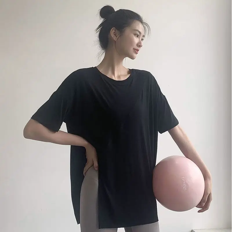 Sports Tops Women Summer Loose Slim Yoga Clothing Running Short Sleeve T-Shirt Gym Soft Breathable Patchwork Split