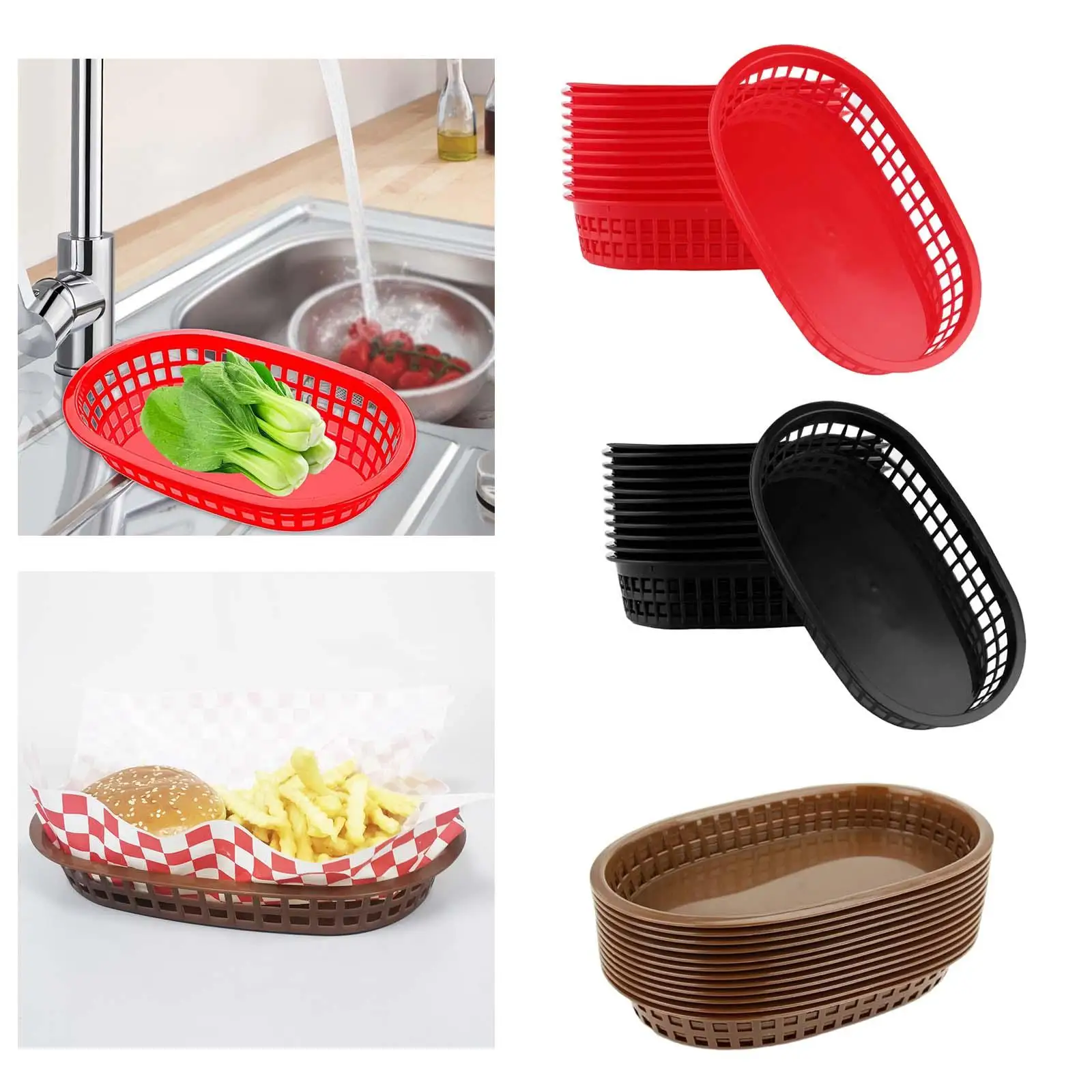 

12x Oval Fast Food Baskets Classic 10.6x6.7x1.4 inch Plastic Platters Storage Basket Bins for Picnic Restaurants Burgers Chicken