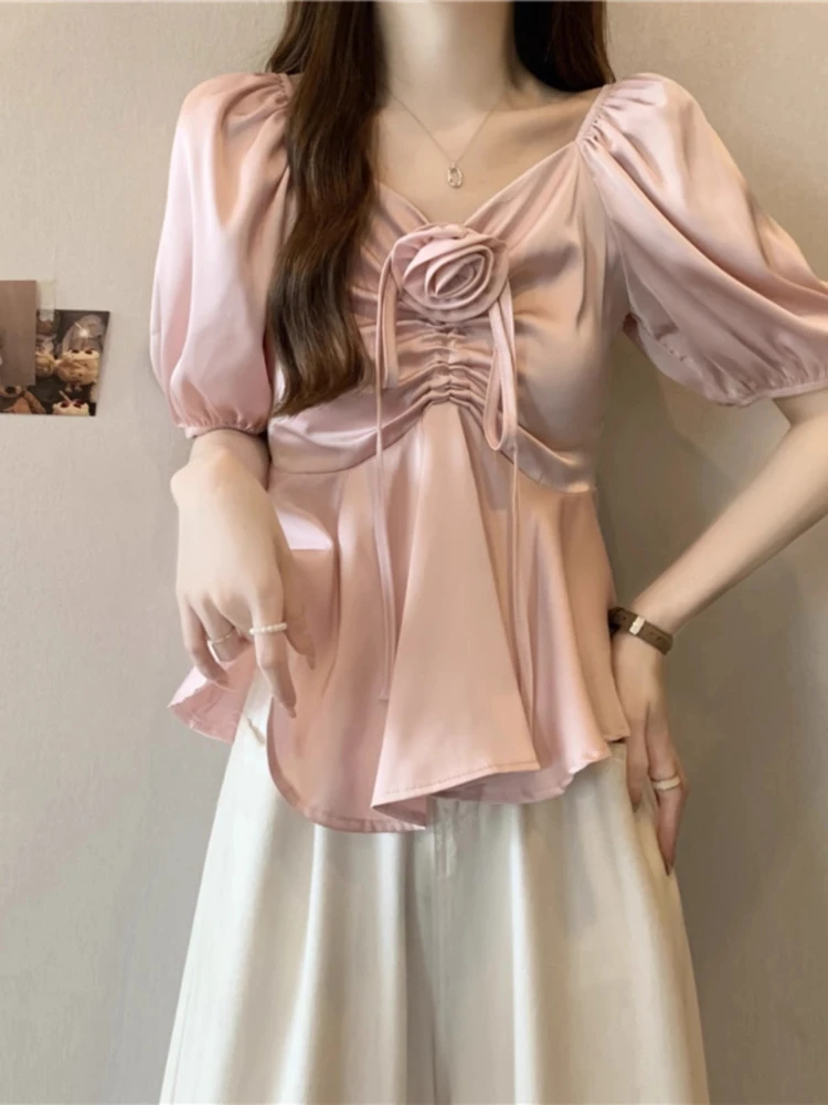 

Fashion Sweet Oversized Shirts Solid Color Draw String Ruffles Flower Puff Sleeve Blouses Design All Match Summer Women Clothing