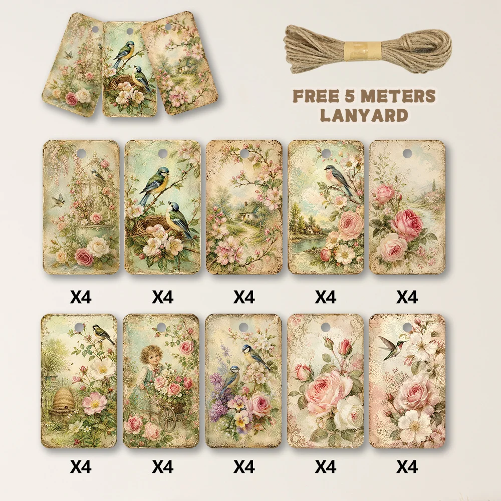 40pcs, Gift Tags, Vintage Rose Bird Label Art, Hanging Paper Labels for Gift Wrapping, Holiday Party Decor with String