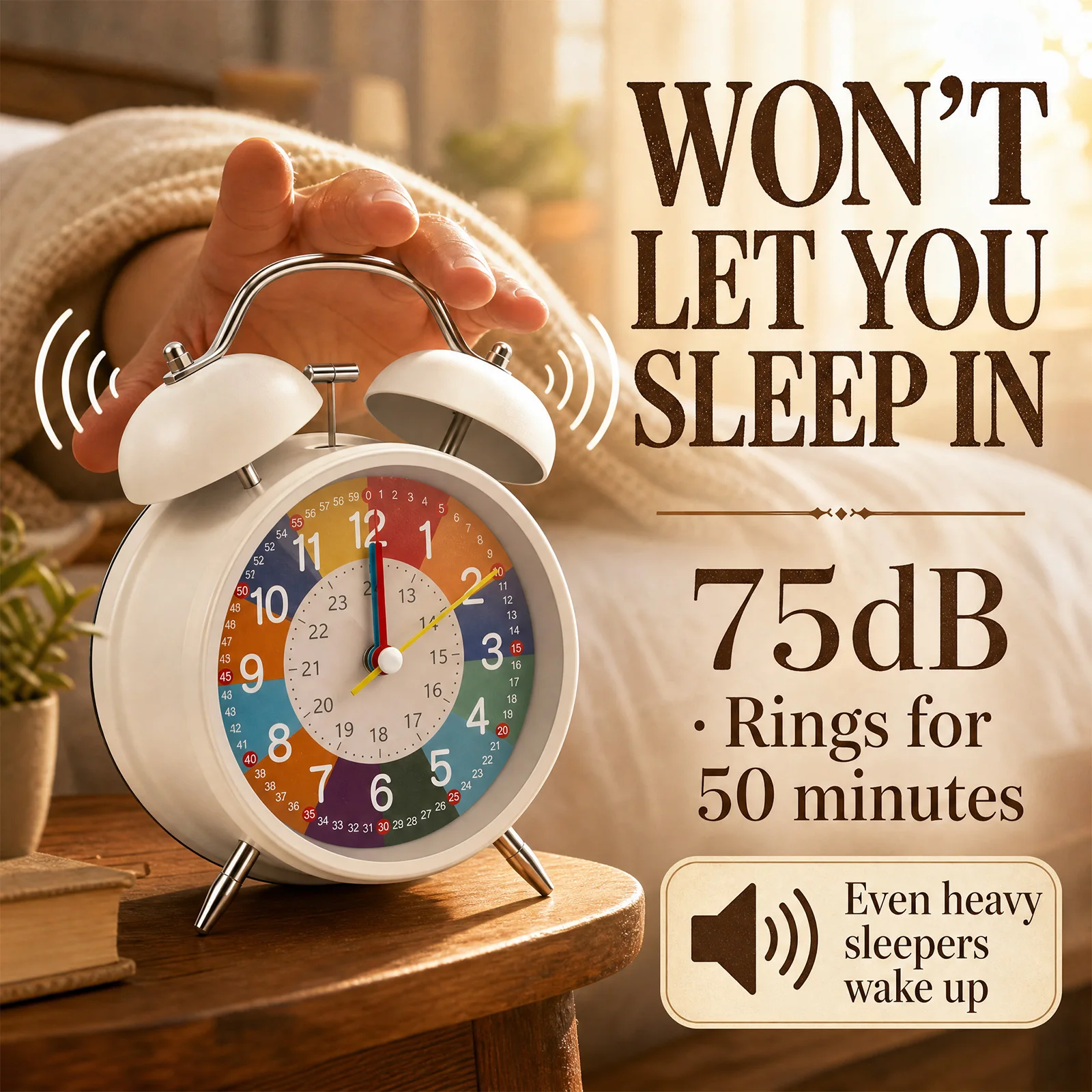 Loud Wake Up Alarm Clock Colorful Analog Learning Dial Clock Silent Sweep Movement Twin Bell Alarm Clock for Nightstand Desktop