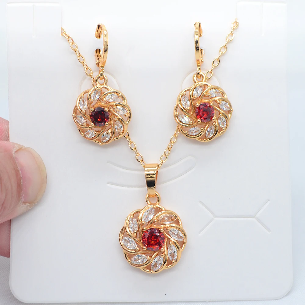 Fashion Gold Color Women Purple Cubic Zirconia Round Flower Jewelry Set